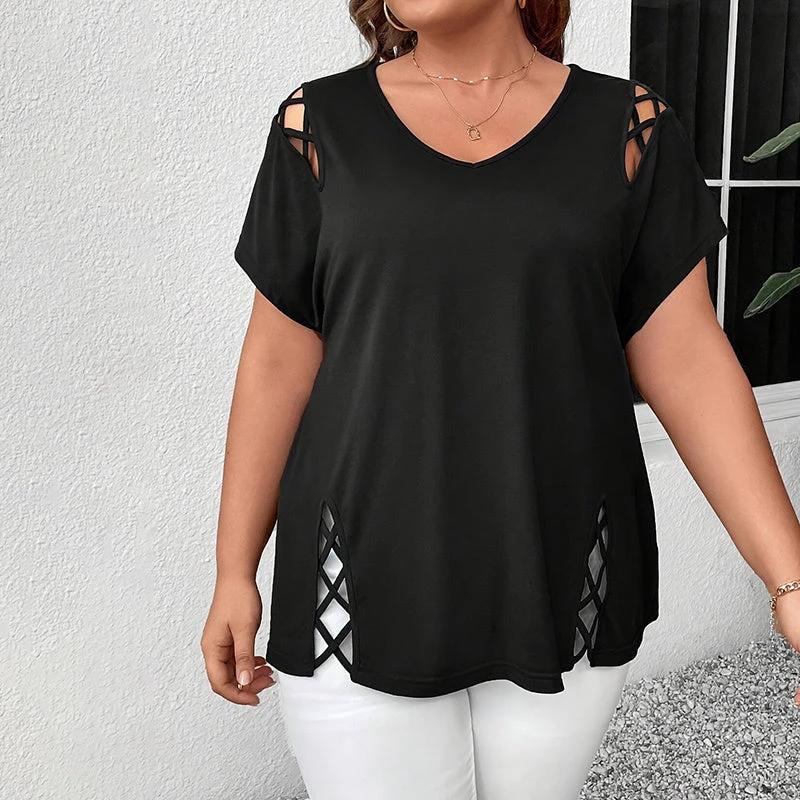 Women's Plus Size Criss Cross Short Sleeve V Neck T-Shirt Tops