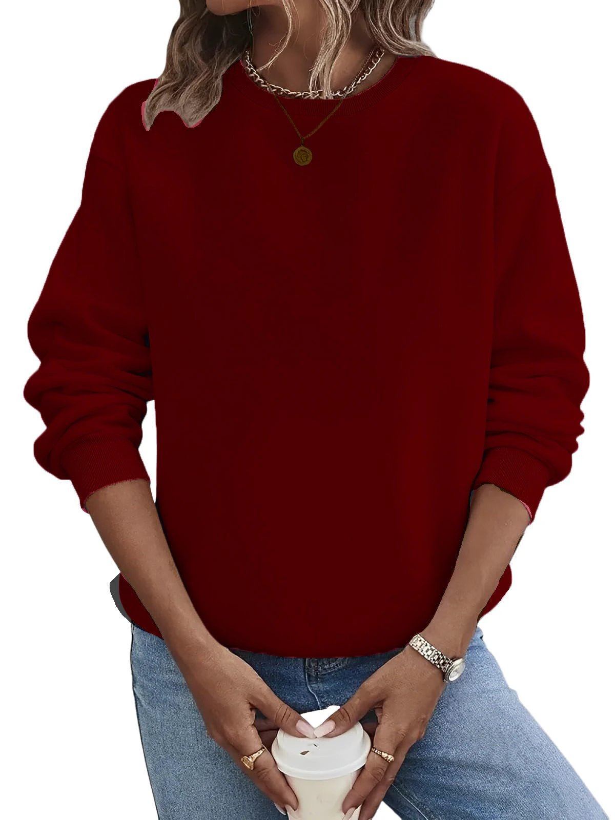 Solid Color Blank Round Neck Plus Size Fashion Sweater