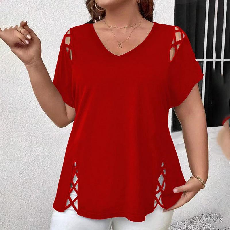 Women's Plus Size Criss Cross Short Sleeve V Neck T-Shirt Tops