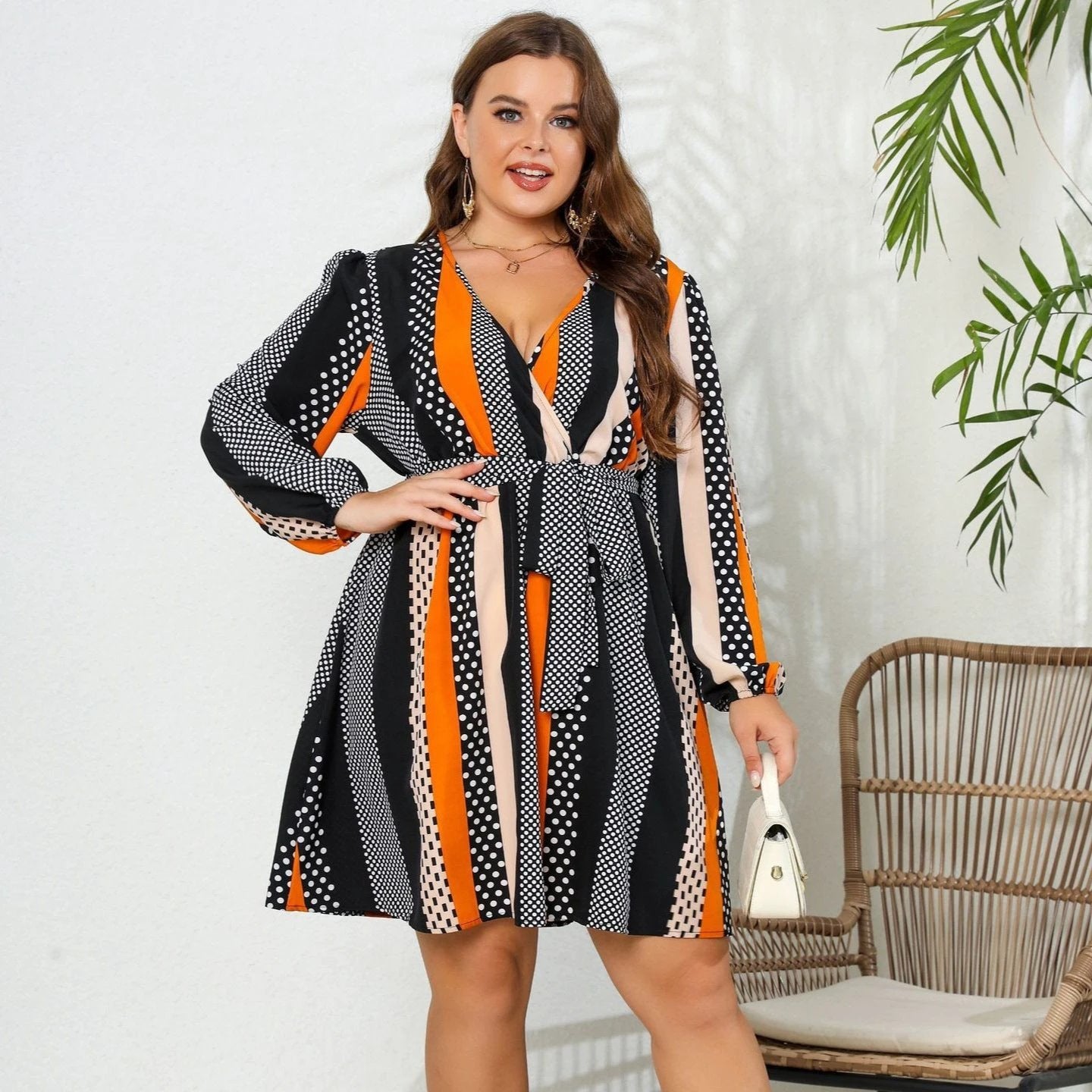 V-neck Lace-up Plus Size Dress