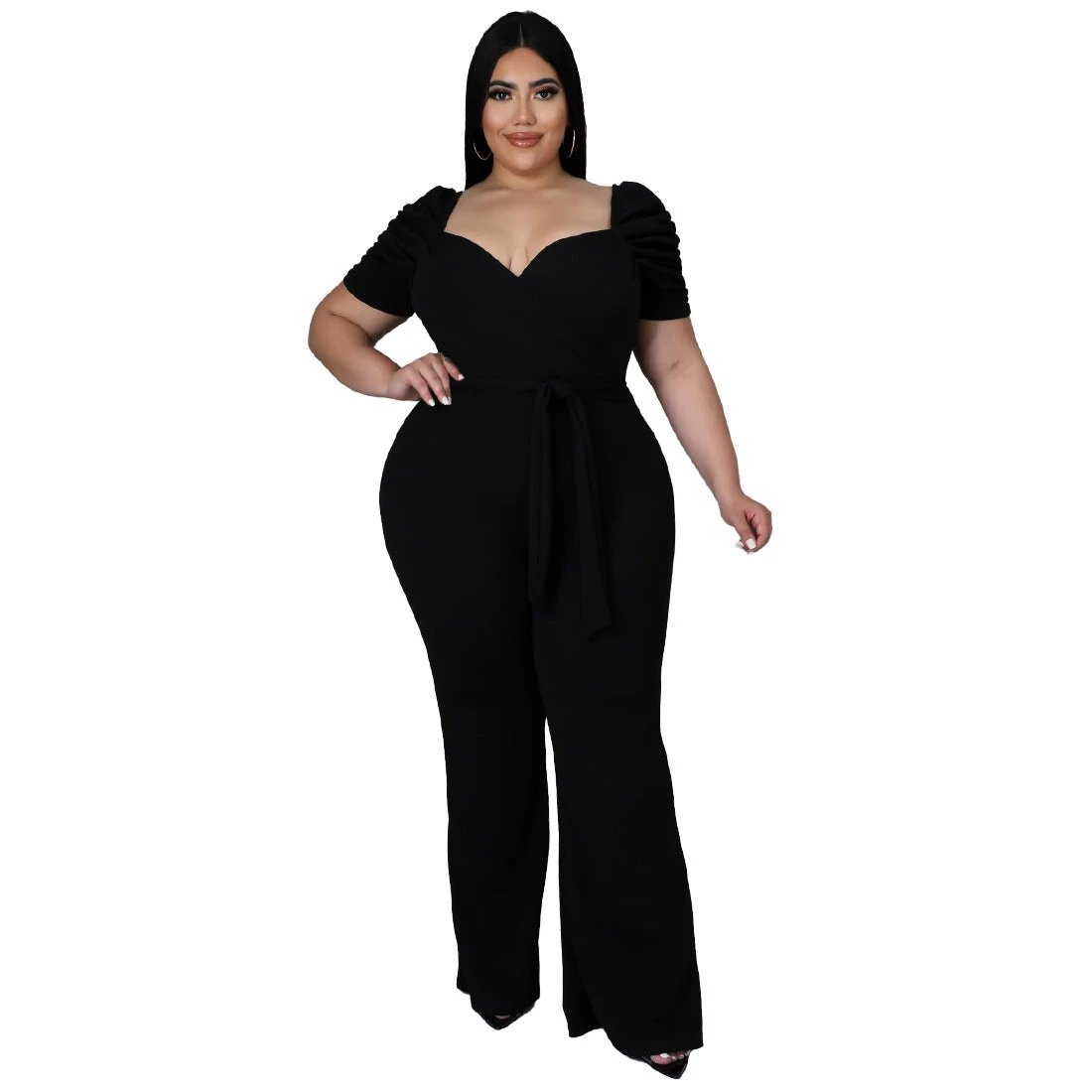 Women's Plus-Size Stand Collar Ruffle Sleeve High-Waist Jumpsuit Wide-Leg Pants