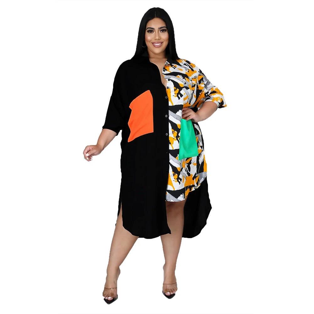Women Plus Size Dress Patchwork Turn-down Collar