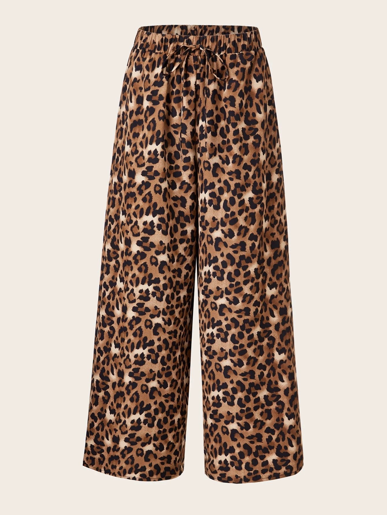 Women's Plus Size Leopard Print Wide Leg Pants - Elastic Waist, Loose Fit Casual Straight Leg Trousers For Spring Summer Fall, Lightweight Polyester Blend, Perfect For Beach Or Outdoor Outings