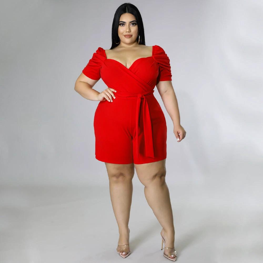 Women's Casual Fashionable And Sexy Solid-Colored Belted Jumpsuit In Plus Sizes