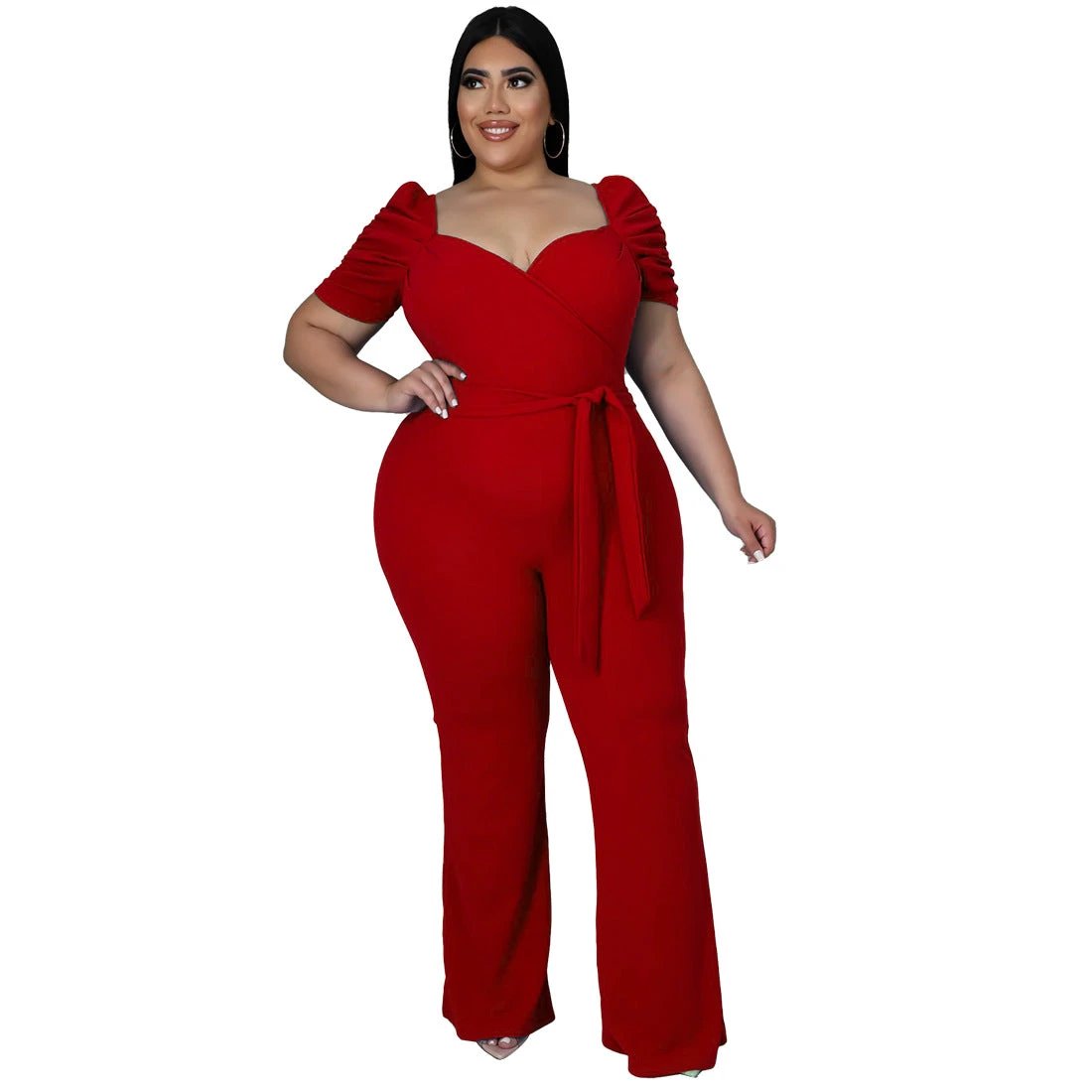 Women's Plus-Size Stand Collar Ruffle Sleeve High-Waist Jumpsuit Wide-Leg Pants