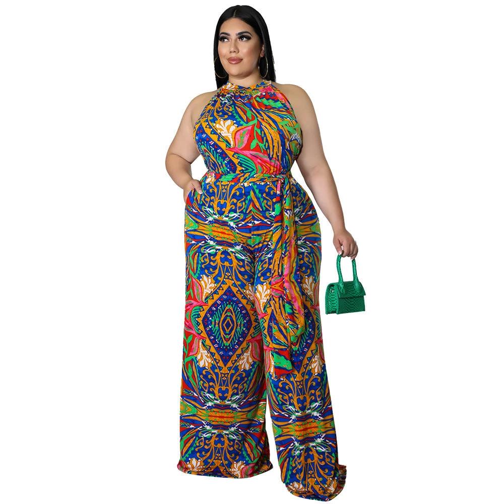 Women's Casual Halter neck Printed Jumpsuit With Belt Plus Size