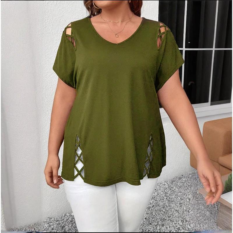 Women's Plus Size Criss Cross Short Sleeve V Neck T-Shirt Tops
