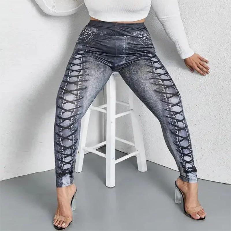 Women's Faux Denim Printed Comfort And Casual Leggings Plus Size