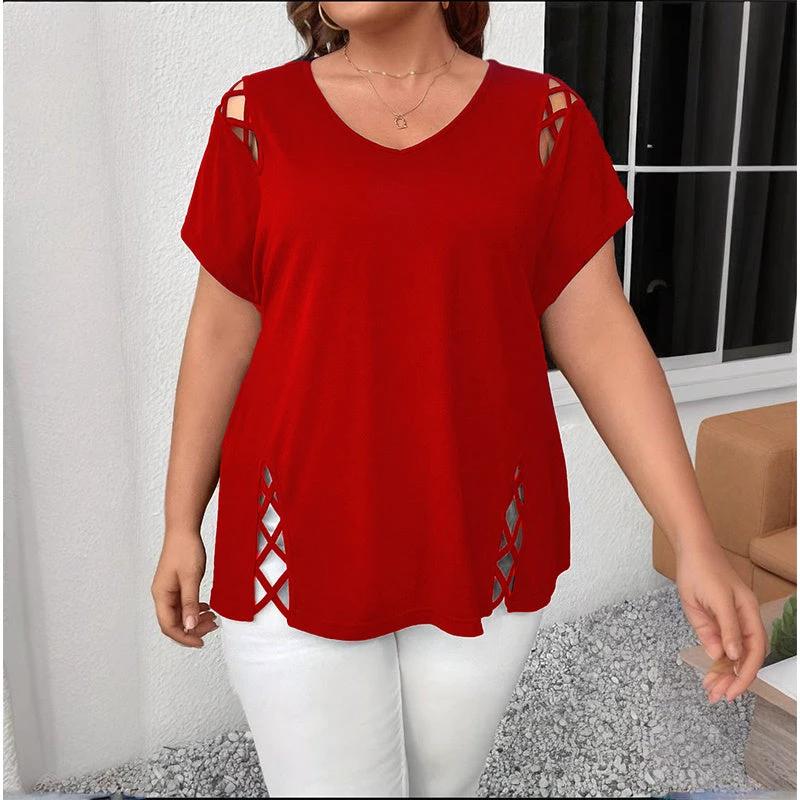 Women's Plus Size Criss Cross Short Sleeve V Neck T-Shirt Tops