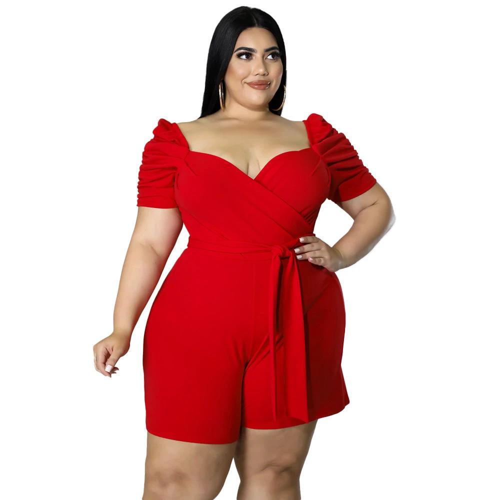 Women's Casual Fashionable And Sexy Solid-Colored Belted Jumpsuit In Plus Sizes