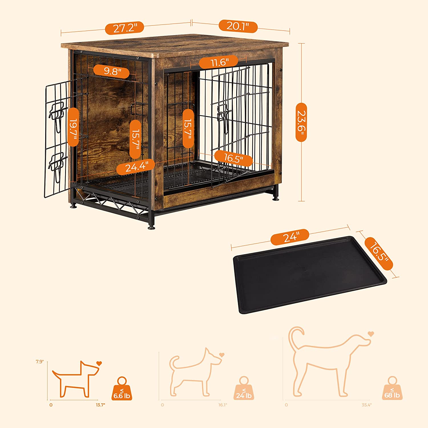 Wooden Dog Crate, Indoor Pet Crate End Table, Dog Furniture with Removable Tray