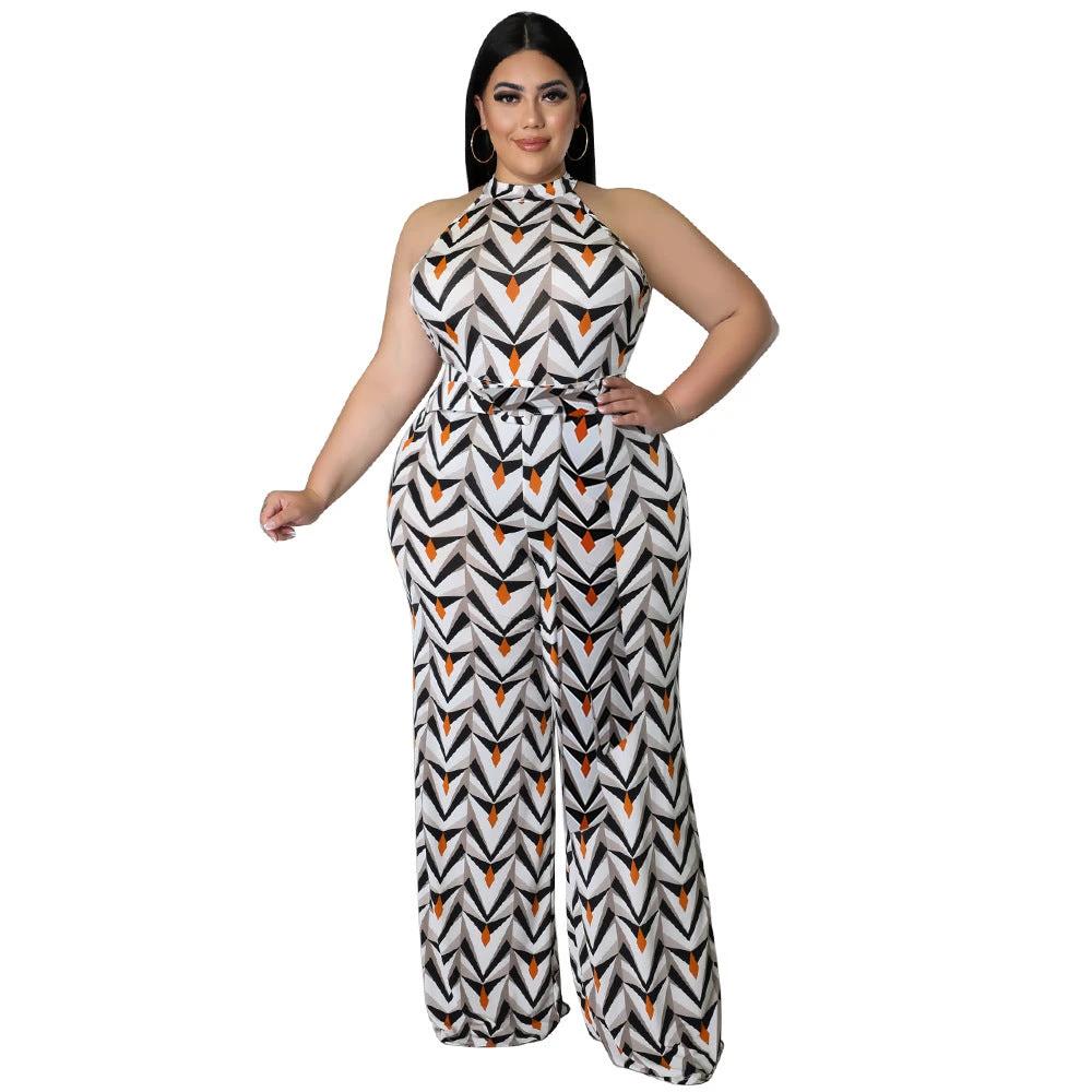 Women's Casual Halter neck Printed Jumpsuit With Belt Plus Size