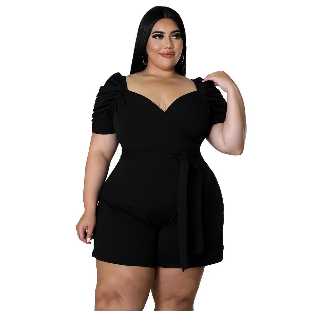 Women's Casual Fashionable And Sexy Solid-Colored Belted Jumpsuit In Plus Sizes