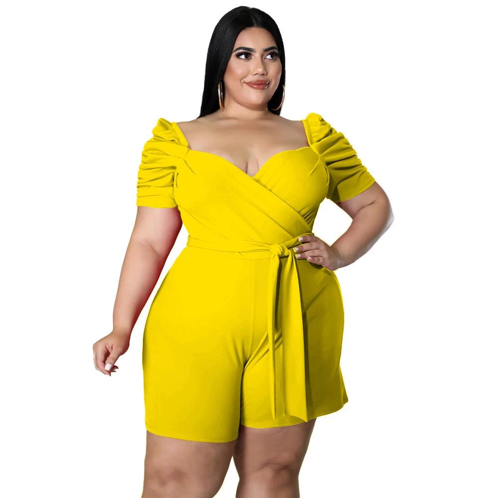 Women's Casual Fashionable And Sexy Solid-Colored Belted Jumpsuit In Plus Sizes