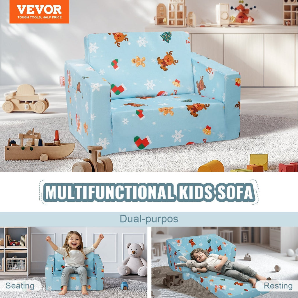 Kids Couch, 2-in-1 Toddler Chairs Comfy, Toddler Couch Sofa Bed Fold Out, Convertible Sofa to Lounger, Kids Chair Seat Playroom Furniture for Kids Girls & Boys, Sky Blue
