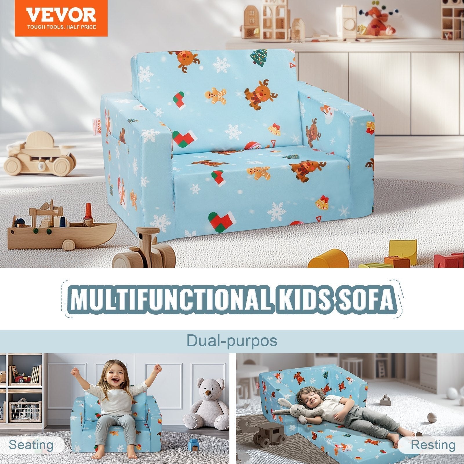 Kids Couch, 2-in-1 Toddler Chairs Comfy, Toddler Couch Sofa Bed Fold Out, Convertible Sofa to Lounger, Kids Chair Seat Playroom Furniture for Kids Girls & Boys, Sky Blue