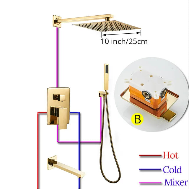 DecorBites™ Gold Bath Rain Shower Wall Concealed Faucet Set