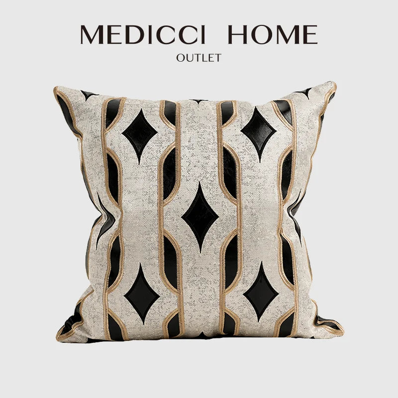 DecorBites™ Leather Patch Embroidery Cushion Cover: Modern Luxury Pillow Case for Sofa