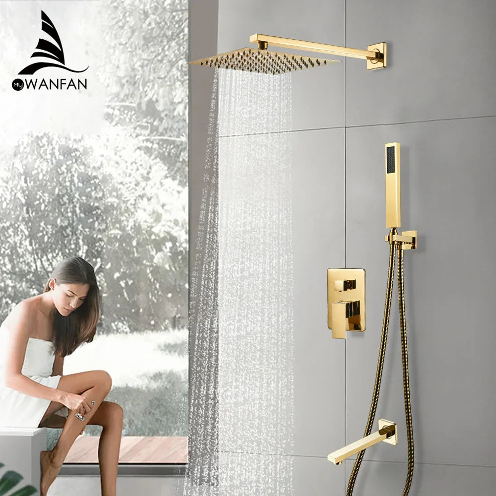 DecorBites™ Gold Bath Rain Shower Wall Concealed Faucet Set