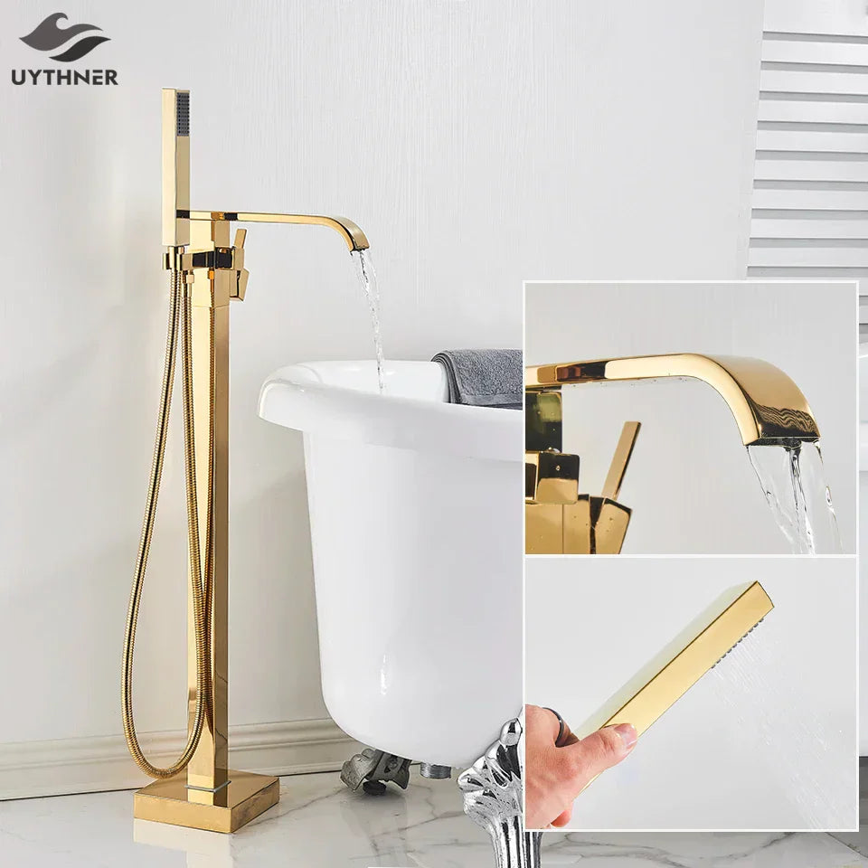 DecorBites™ Gold Bathtub Faucet Set Hot Cold Water Shower Mixer Tap Waterfall Floor Stand