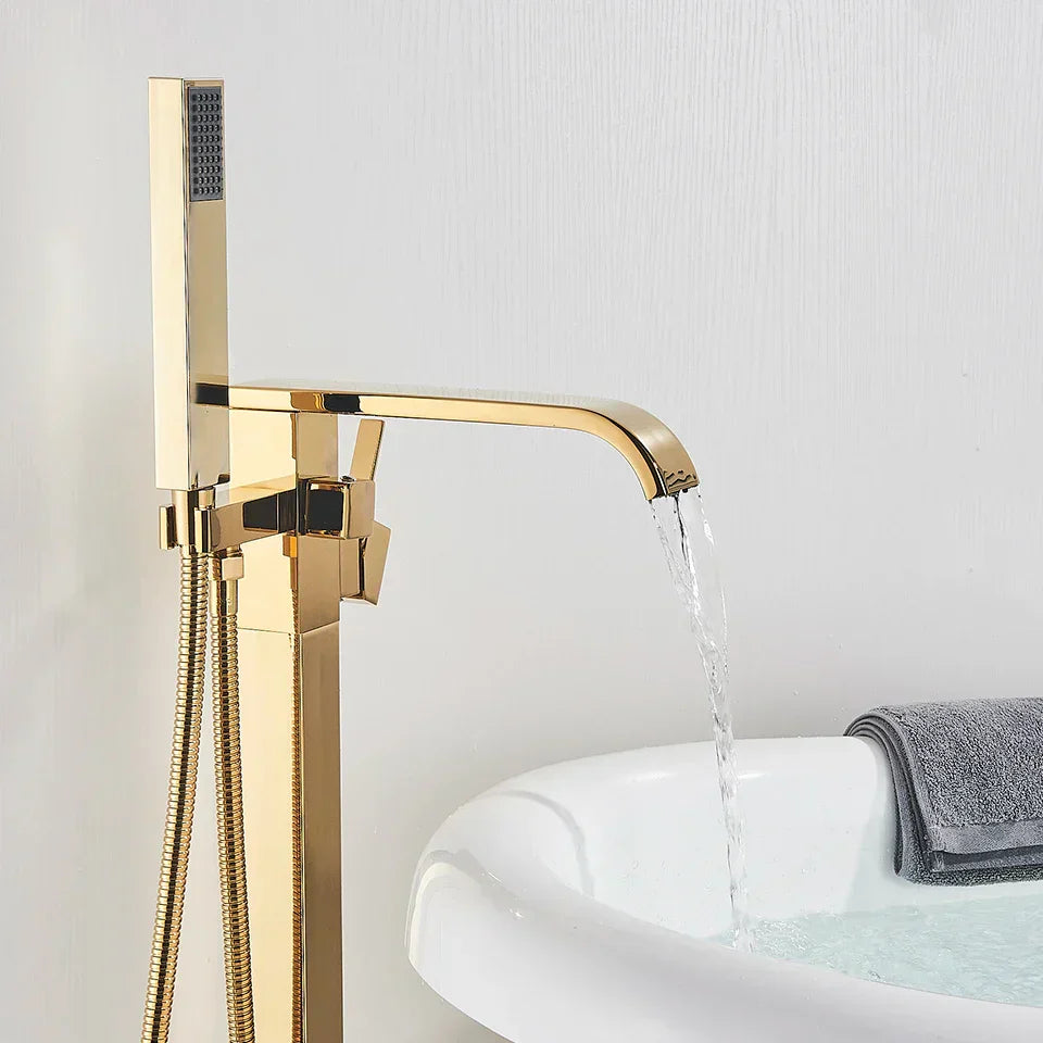 DecorBites™ Gold Bathtub Faucet Set Hot Cold Water Shower Mixer Tap Waterfall Floor Stand