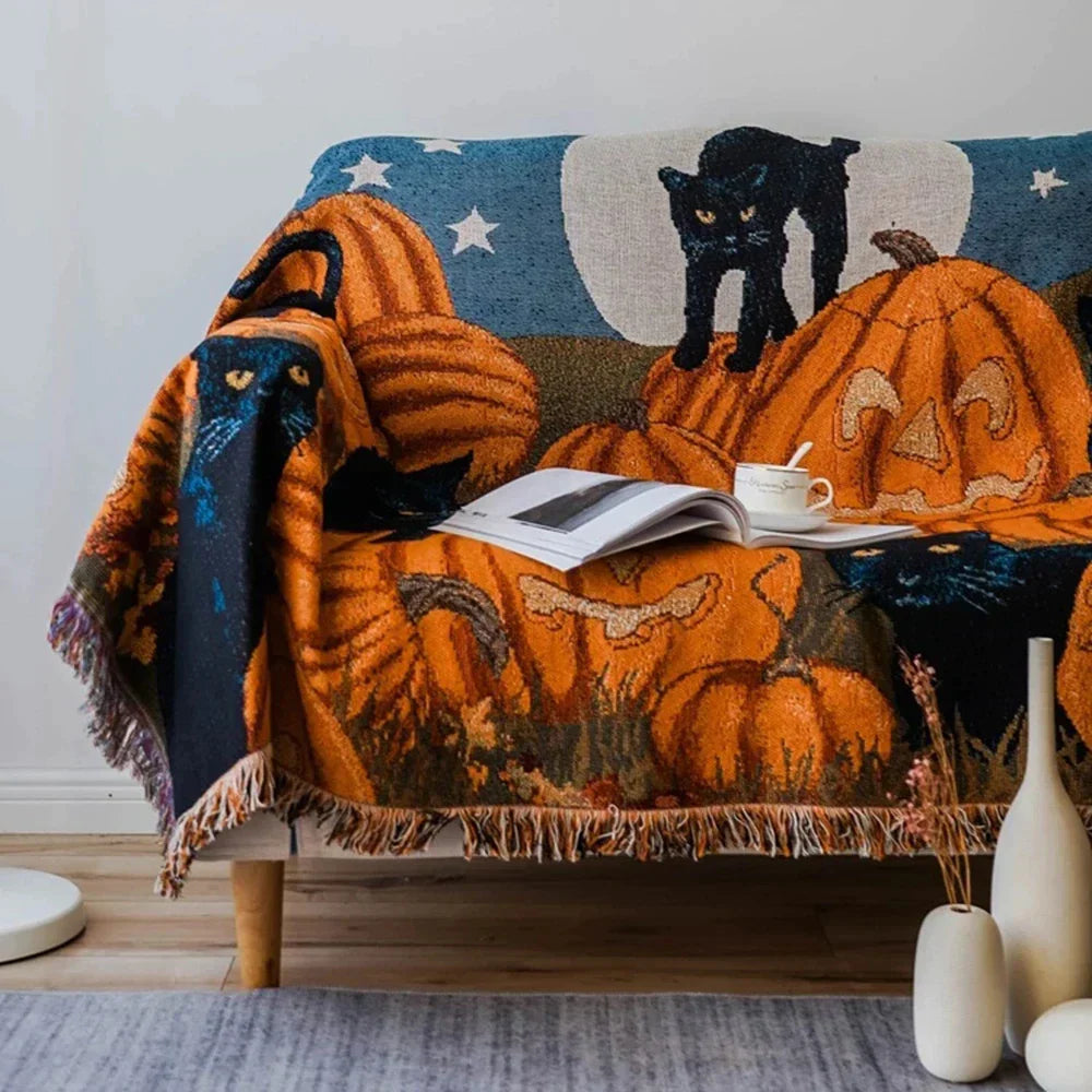 DecorBites™ Halloween Black Cat Knitted Blanket - Cozy Sofa Throw for Autumn/Winter