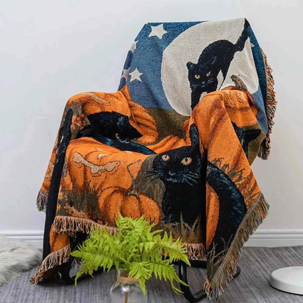 DecorBites™ Halloween Black Cat Knitted Blanket - Cozy Sofa Throw for Autumn/Winter