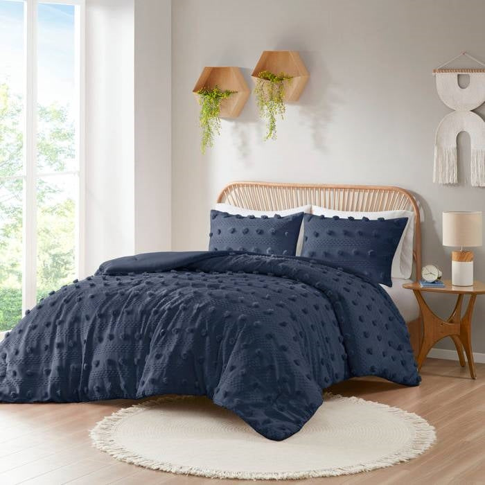 Full/Queen 3 Piece Navy Pompom Microfiber Hypoallergenic Comforter Set