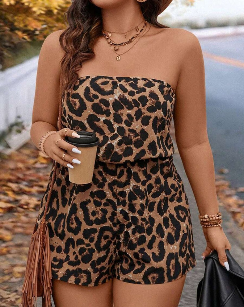 Sling Leopard Print plus Size off the Shoulder Jumpsuit Women Spring Summer Sexy Holiday Beach Jumpsuit