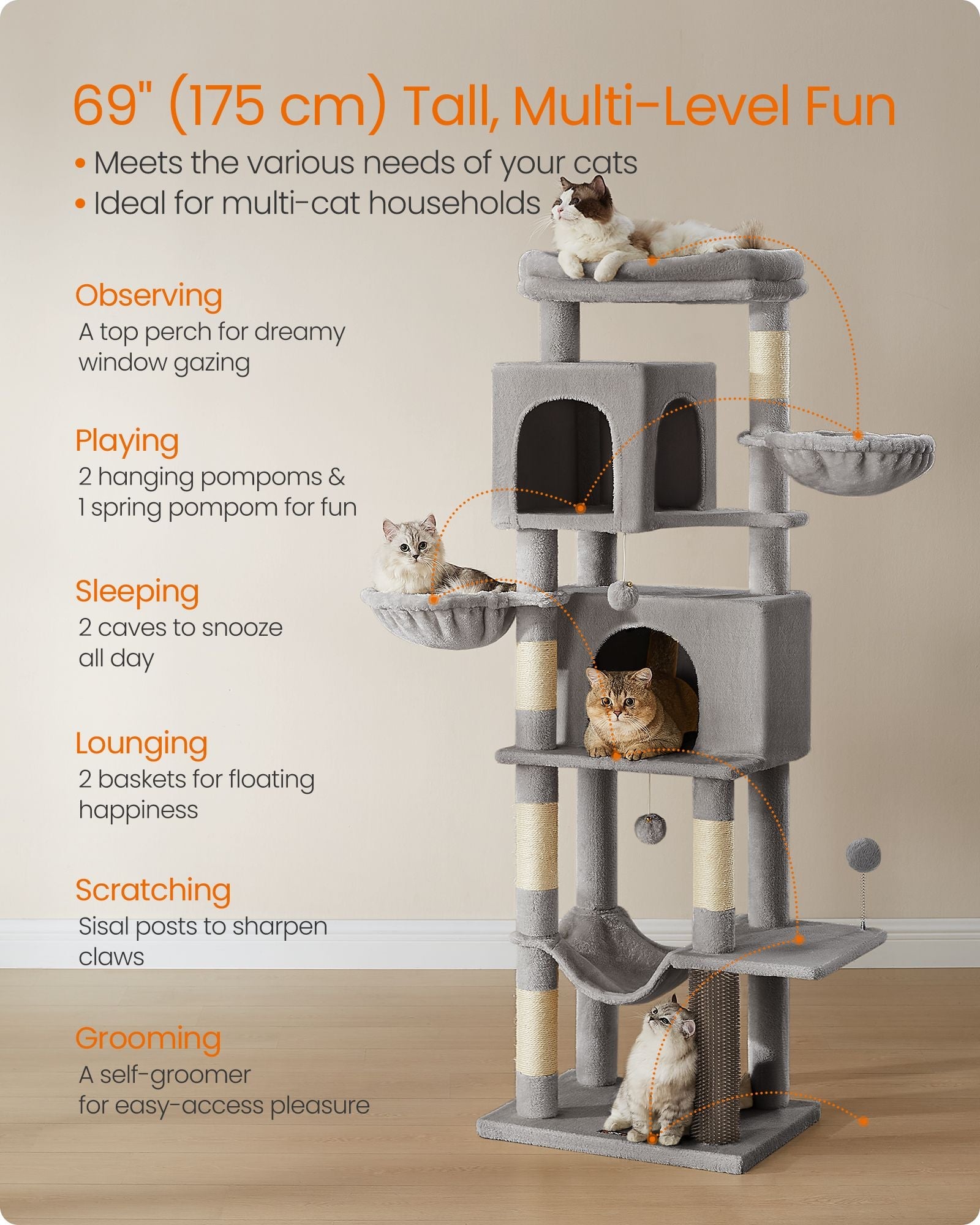 69-Inch Tall Cat Tree for Indoor Cats