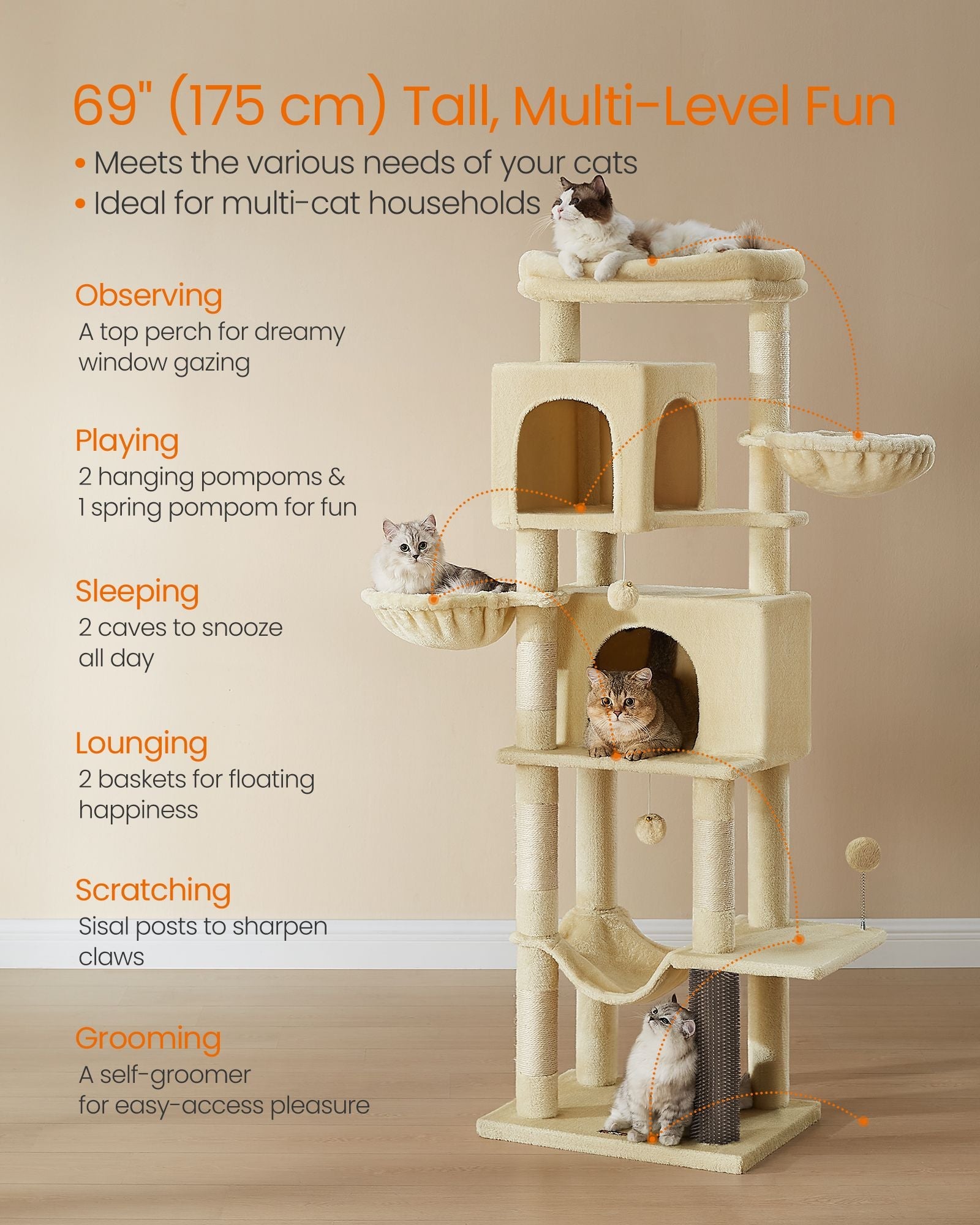 69-Inch Tall Cat Tree for Indoor Cats