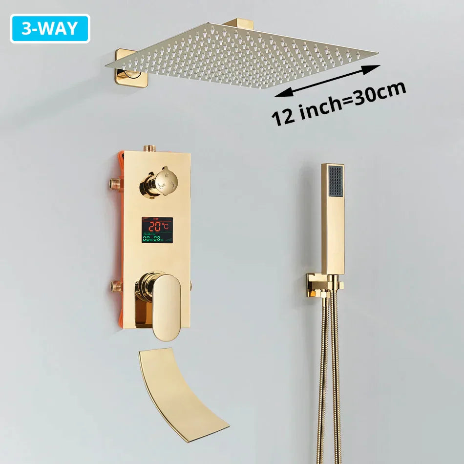 DecorBites™ Gold Digital Display Shower Set with Rainfall Head - Waterfall Bath Shower System