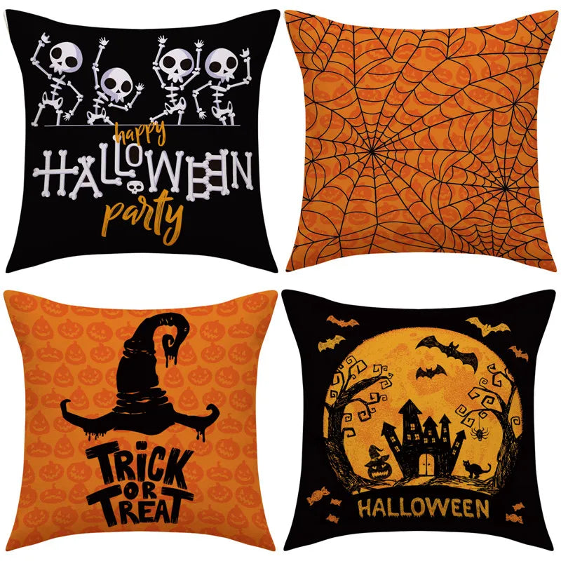 DecorBites™ Halloween Pillowcase Set - Festive Sofa Cushion Covers with Pumpkin Cat Witch Hat Print.