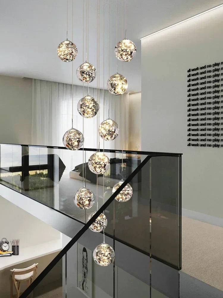 DecorBites™ Gold LED Glass Chandelier: Minimalist Round Ball Staircase Lighting Fixtures