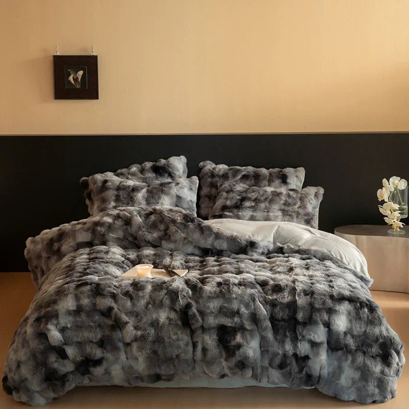 DecorBites™ Luxe Faux Fur & Velvet Patchwork Bedding Set - Duvet, Sheet & Pillowcases