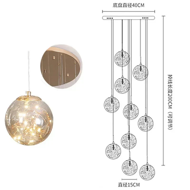 DecorBites™ Gold LED Glass Chandelier: Minimalist Round Ball Staircase Lighting Fixtures