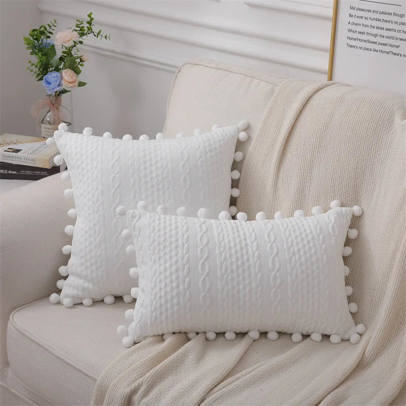 DecorBites™ Lace Pompom Cotton Cushion Cover, 50x50cm, White Balls, Soft Seat Cover, Home Decor