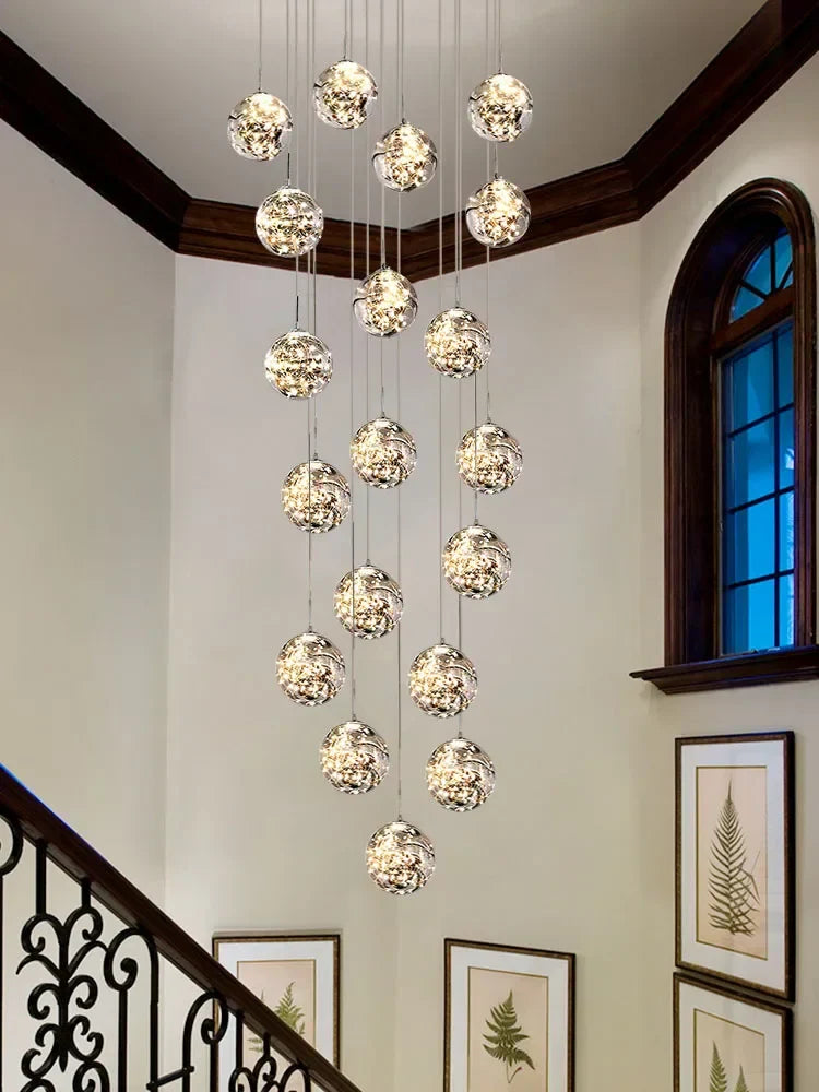 DecorBites™ Gold LED Glass Chandelier: Minimalist Round Ball Staircase Lighting Fixtures