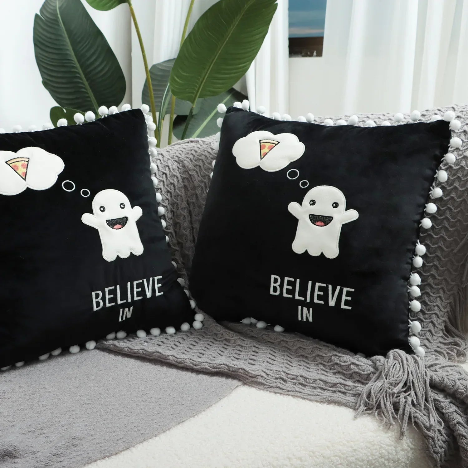 DecorBites™ Halloween Ghost Patchwork Pillow Cover - Decorative Embroidered Cushion Cover