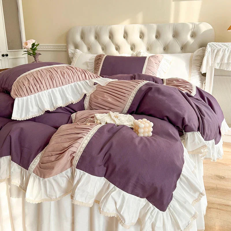 DecorBites™ Korean Princess Style Cotton Bedding Set with Pleated Ruffles and Soft Quilt Cover