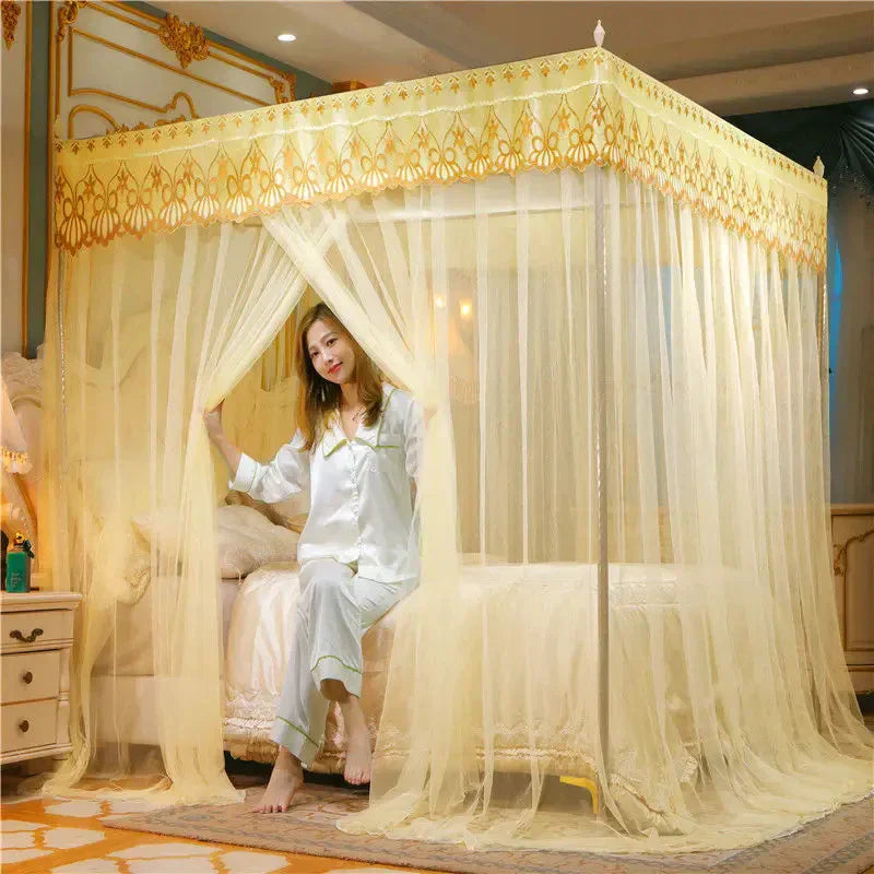 DecorBites™ Lace Pleated Queen Bed Net Canopy with Stainless Steel Bracket