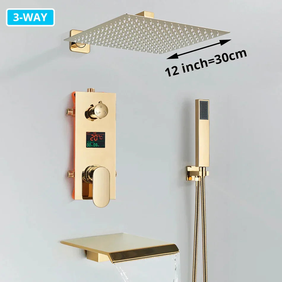 DecorBites™ Gold Digital Display Shower Set with Rainfall Head - Waterfall Bath Shower System