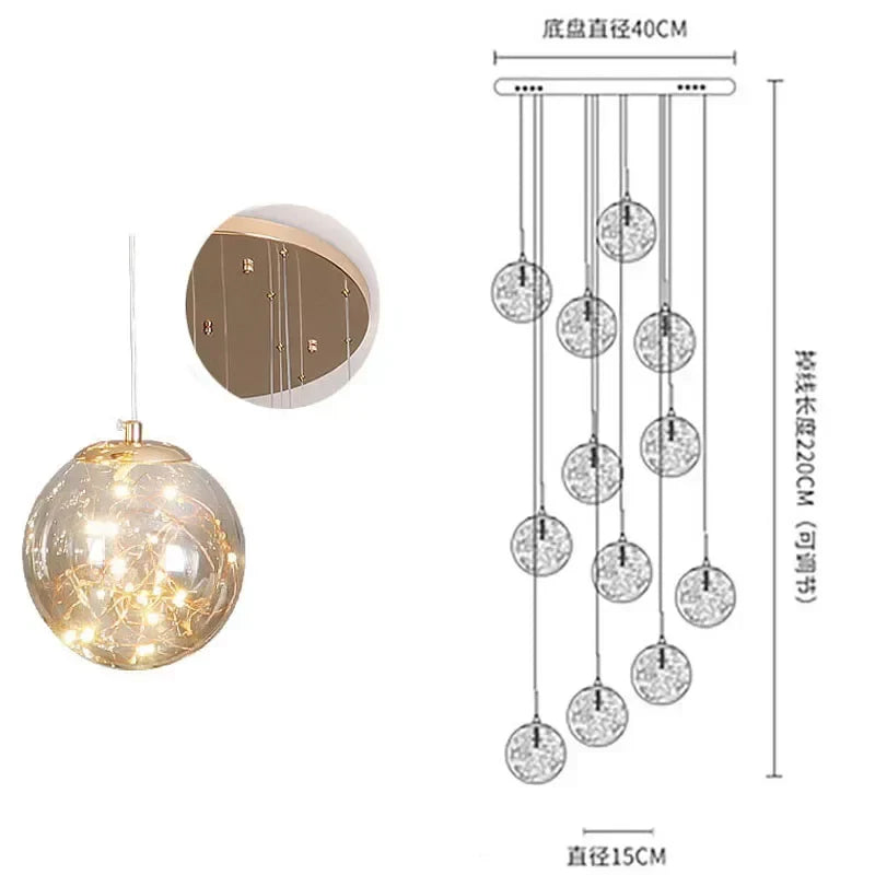 DecorBites™ Gold LED Glass Chandelier: Minimalist Round Ball Staircase Lighting Fixtures