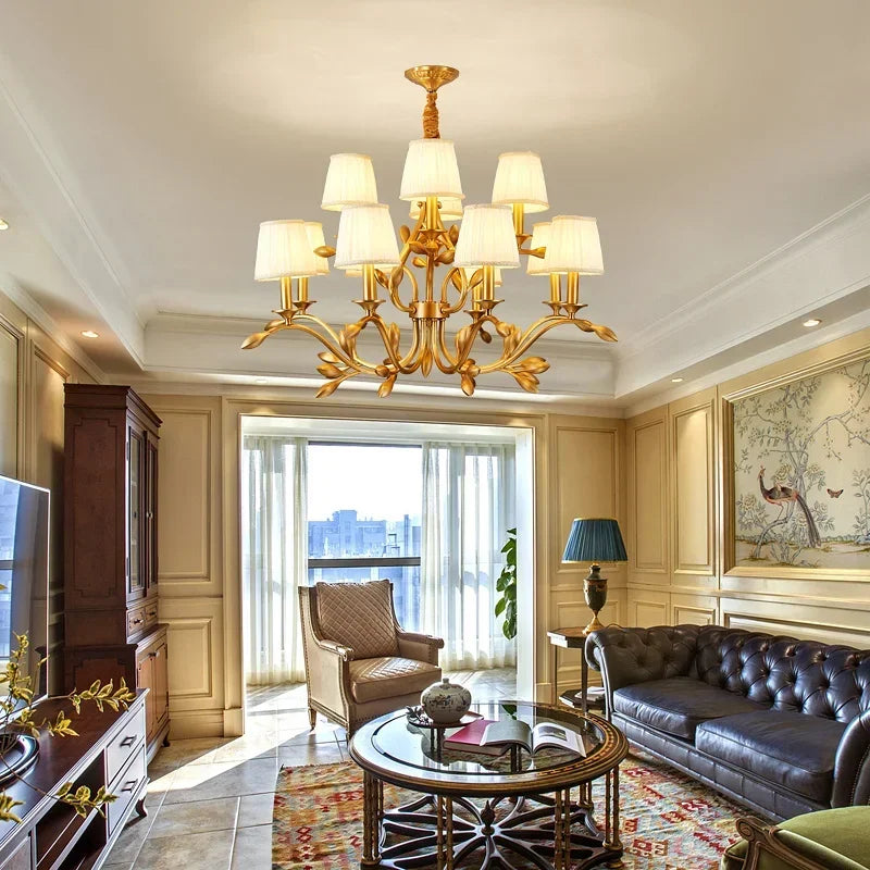 DecorBites™ Gold Copper Chandelier with Fabric Shades & LED Lighting