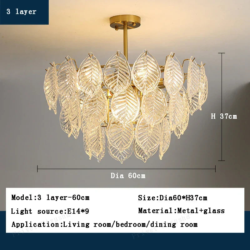 DecorBites™ Leaf Glass Chandelier Pendant Light Luxury Dining Room Ceiling Fixture