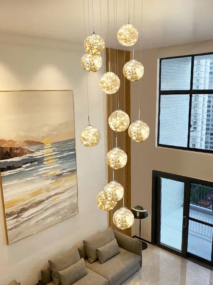 DecorBites™ Gold LED Glass Chandelier: Minimalist Round Ball Staircase Lighting Fixtures
