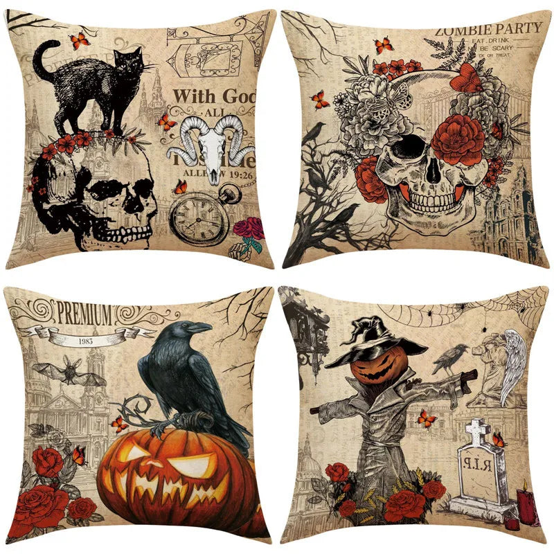 DecorBites™ Halloween Pillowcase Set - Festive Sofa Cushion Covers with Pumpkin Cat Witch Hat Print.