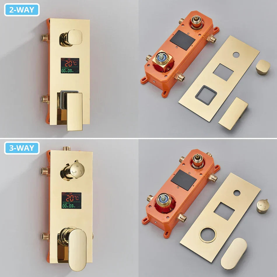 DecorBites™ Gold Digital Display Shower Set with Rainfall Head - Waterfall Bath Shower System