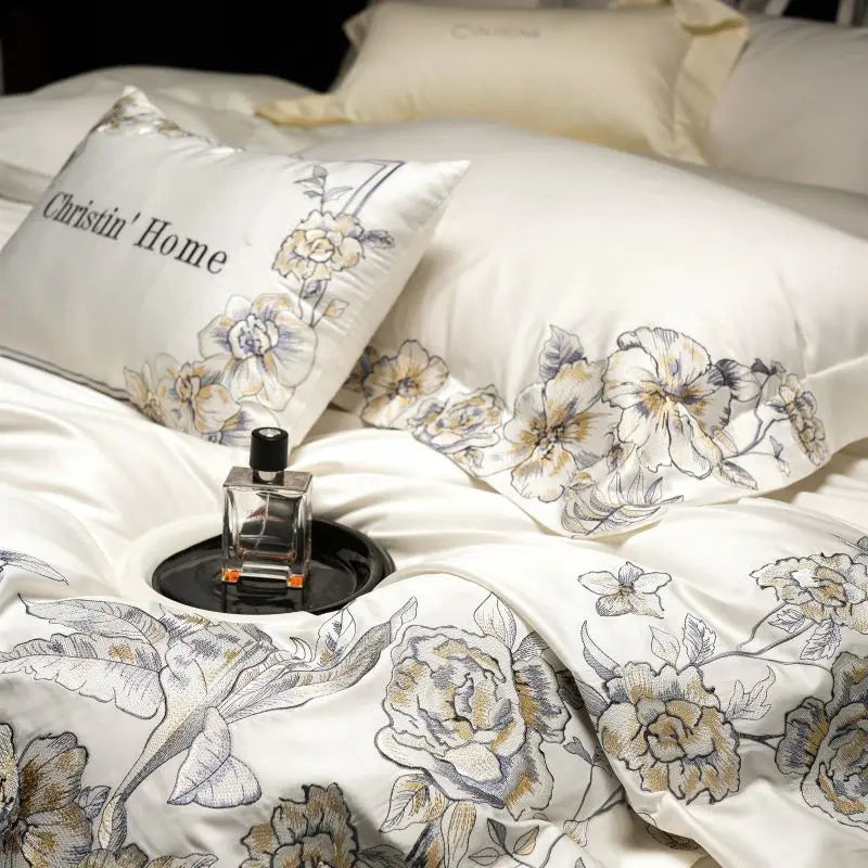 DecorBites™ Luxe Embroidered Cotton Bedding Set: Duvet Cover, Pillowcases, Flat Sheet