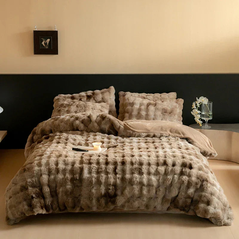 DecorBites™ Luxe Faux Fur & Velvet Patchwork Bedding Set - Duvet, Sheet & Pillowcases